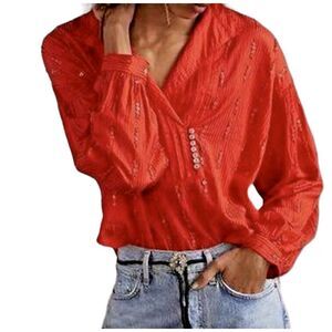 Anthropologie Pilcro Red Pintucked Sequined Cropped‎ V-Neck Blouse Top Size SP